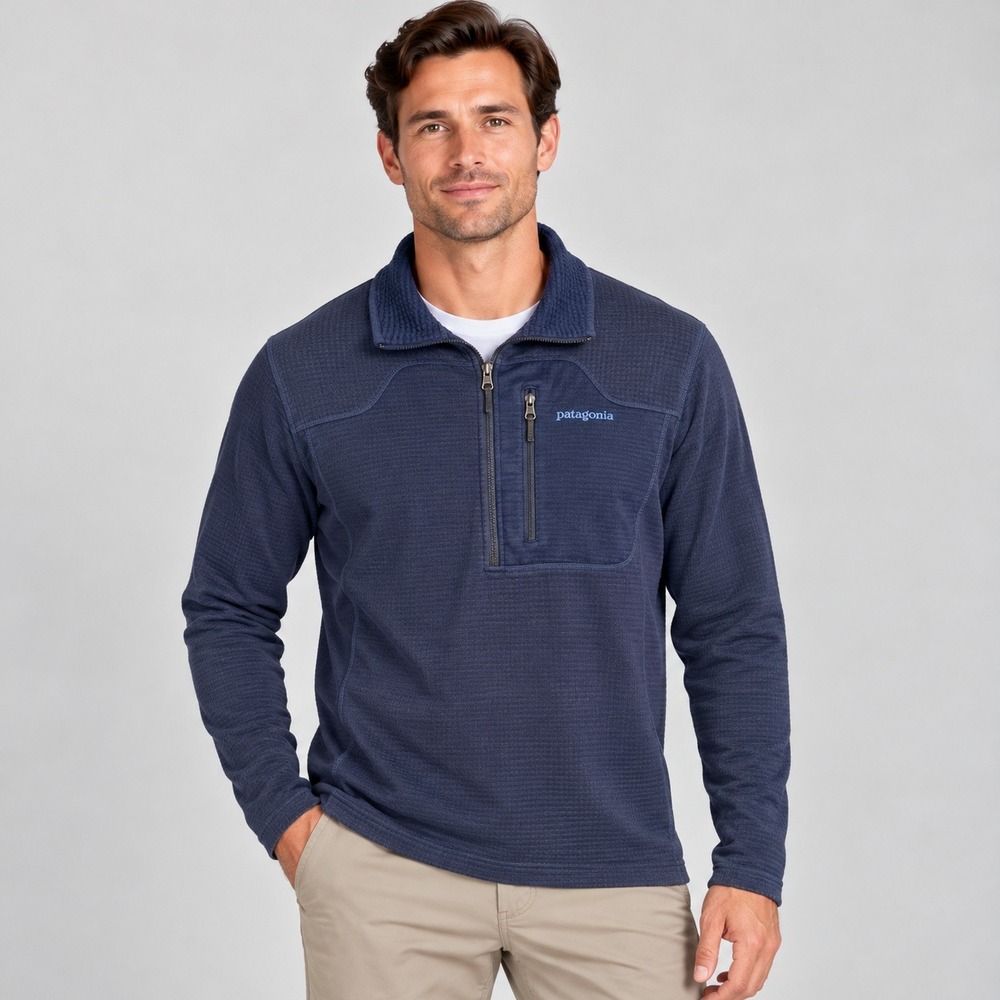 Patagonia R1 Polartec Power Dry 1/4 Zip Grid Fleece Pullover Navy Mens Medium